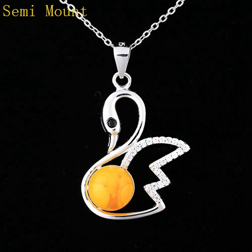 Real Sterling Silver 925 Plated White Gold Crystal Pendant for Women Semi Mount Pendant 7mm8mm9mm Round Bear Pearl Fine Jewelry Setting Swan