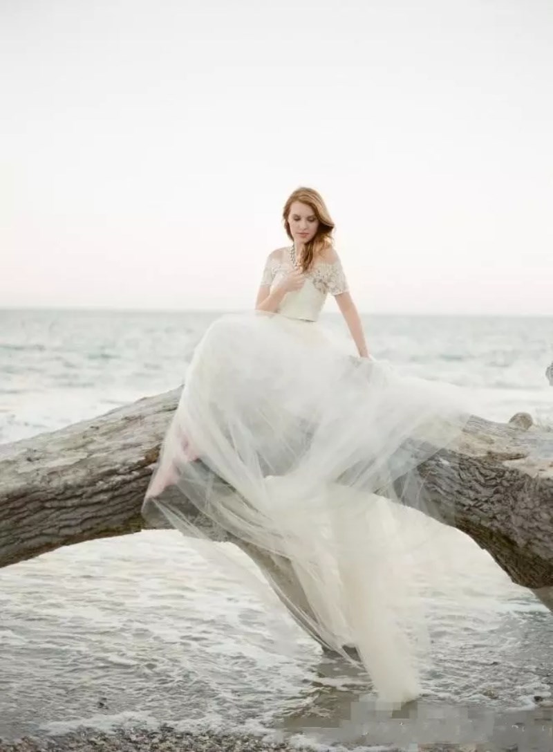 Vintage BHLDN A Line Boho Wedding Dresses With Belt Off Shoulder Short Sleeves Lace Appliques Custom Made Garden Country Beach Bridal Gowns