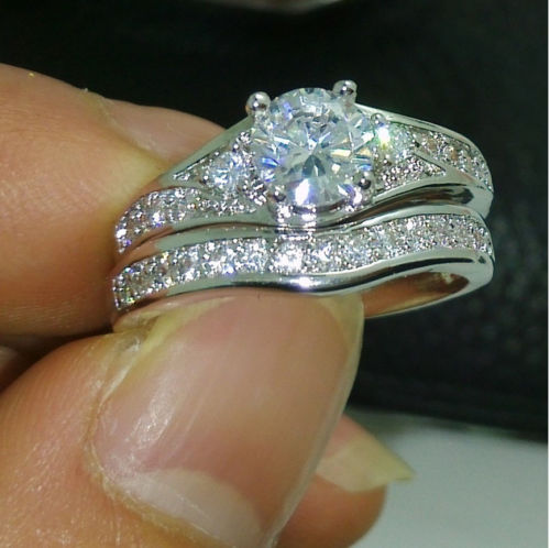 10kt Gold Filled White Topaz Wedding Ring Set - Retro Style, US Size 6-10