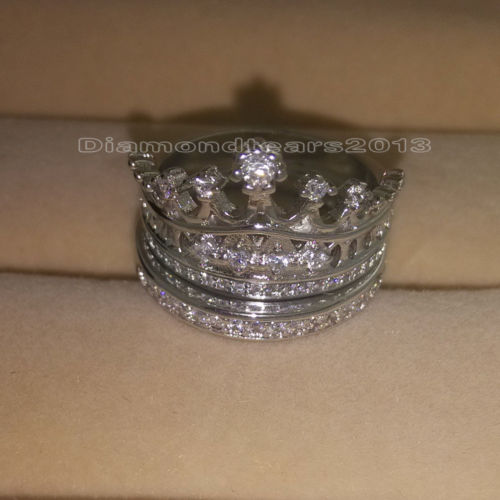 Vintage Sterg Sier Filled White Topaz Wedding Crown Ring Set Gift, Size 5-10