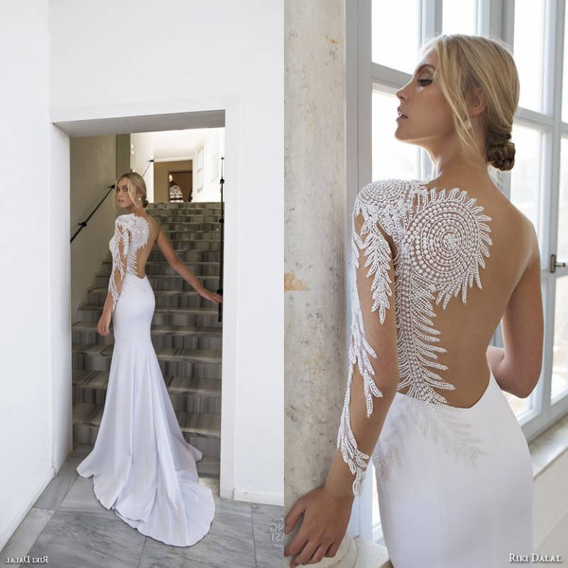 2019 Riki Dalal Rhinestone Wedding Gowns White Mermaid Exquisite Pearls Beading One Sleeve Bridal Gowns Sweetheart Neckline Sweep Train