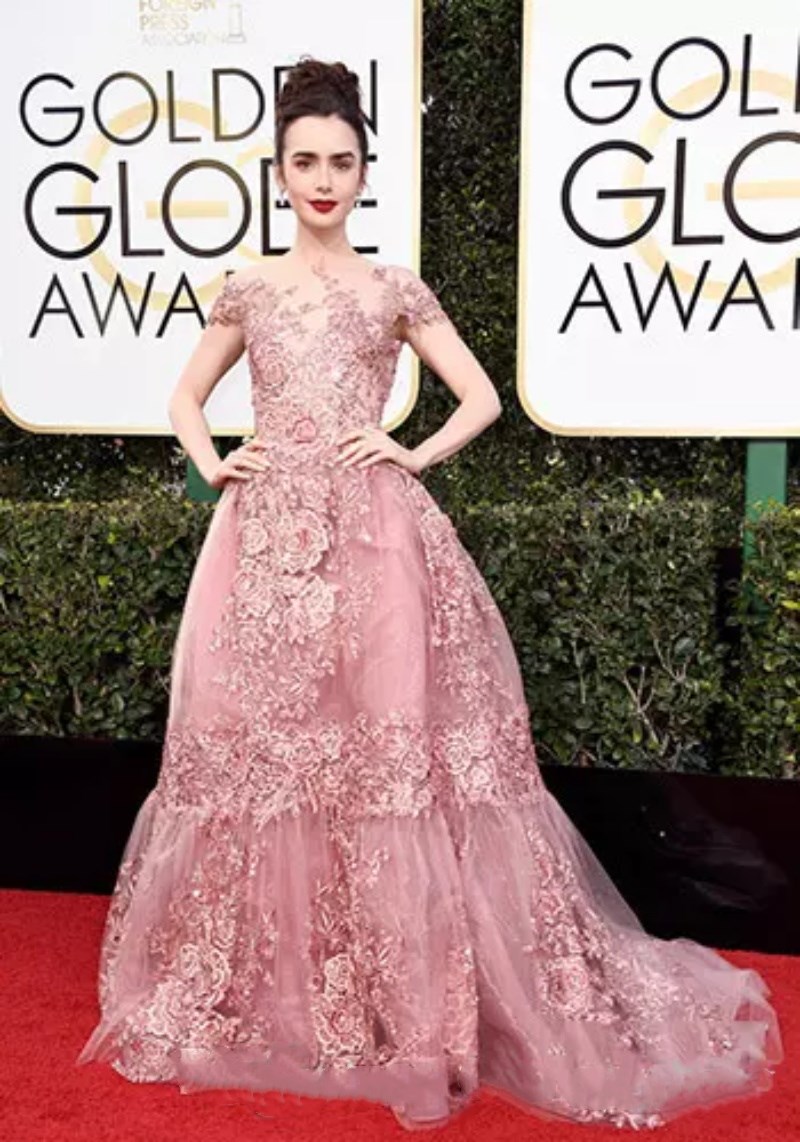 Sexy Prom Dresses 2019 Golden Globe Awards Lily Collins Zuhair Murad Celebrity Backless Pink Lace Appliqued Red Carpet Evening Gowns