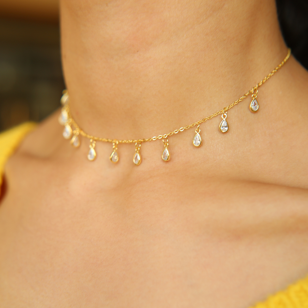 elegant women wedding gift water drop tear drop cz charm choker fashion jewelry dainty bridal cz statement choker necklace