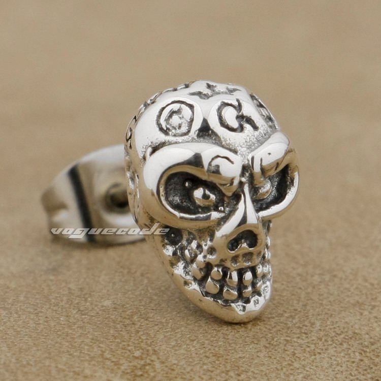 925 Sterling Silver Skull Mens Biker Rocker Earring 8R022