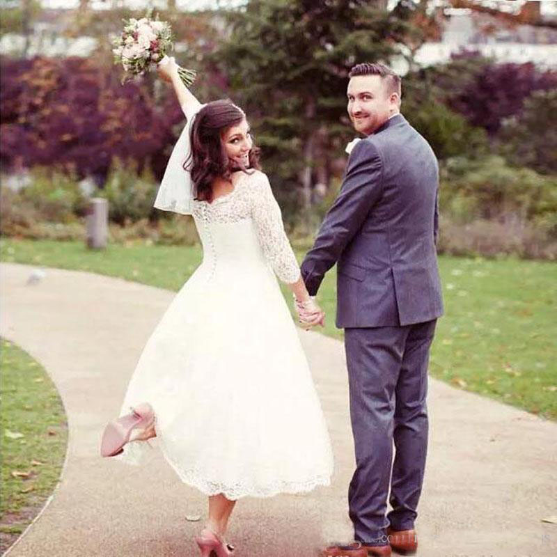 Lace Short Wedding Dresses 3/4 Long Sleeves Country Garden Tea Length Bridal Gowns Sheer Neck Custom Size Wedding Bride Gowns
