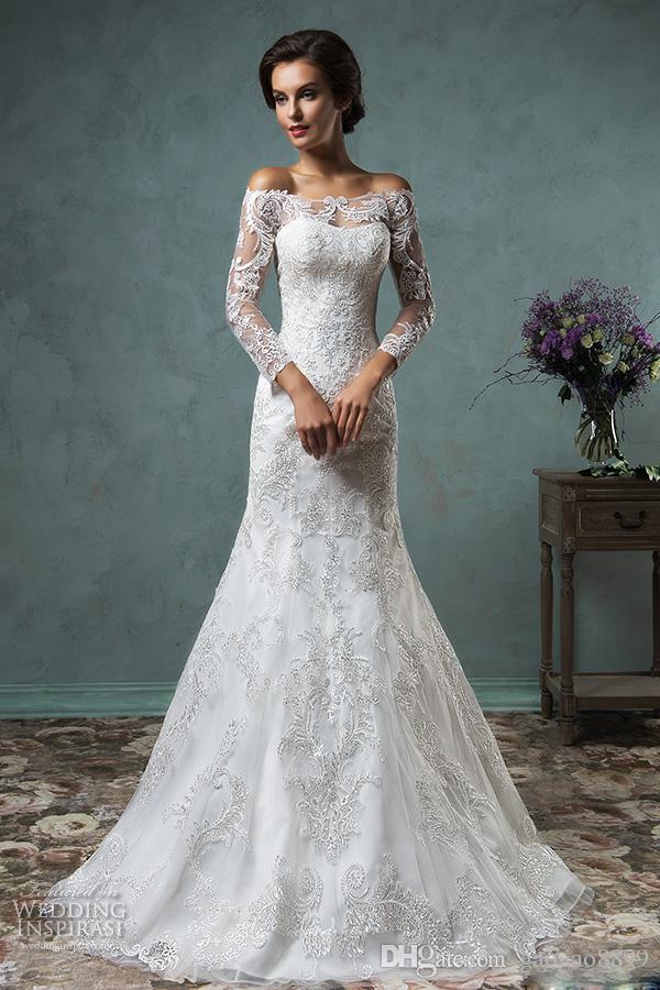 Overskirt Wedding Dresses Full Lace Long Sleeves Bridal Gowns Amelia Sposa Arabic Wedding Gowns Wit Bateau Neck Zip Back Court Tra