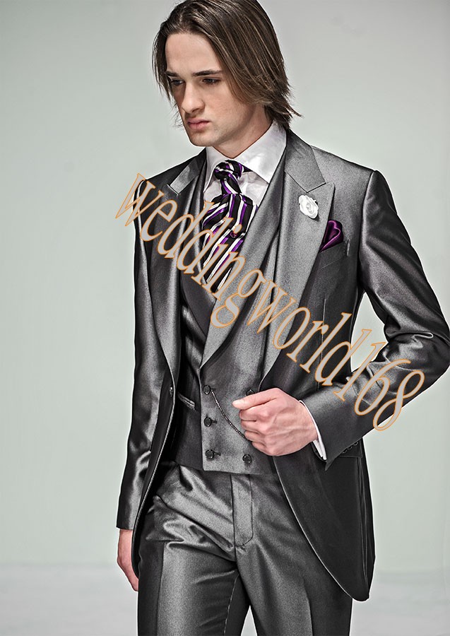 Custom Made New Style One Button Groom Tuxedos Grey Best man Peak Lapel Groomsman Men Wedding Suits Bridegroom (Jacket+Pants+Tie+Vest) J273