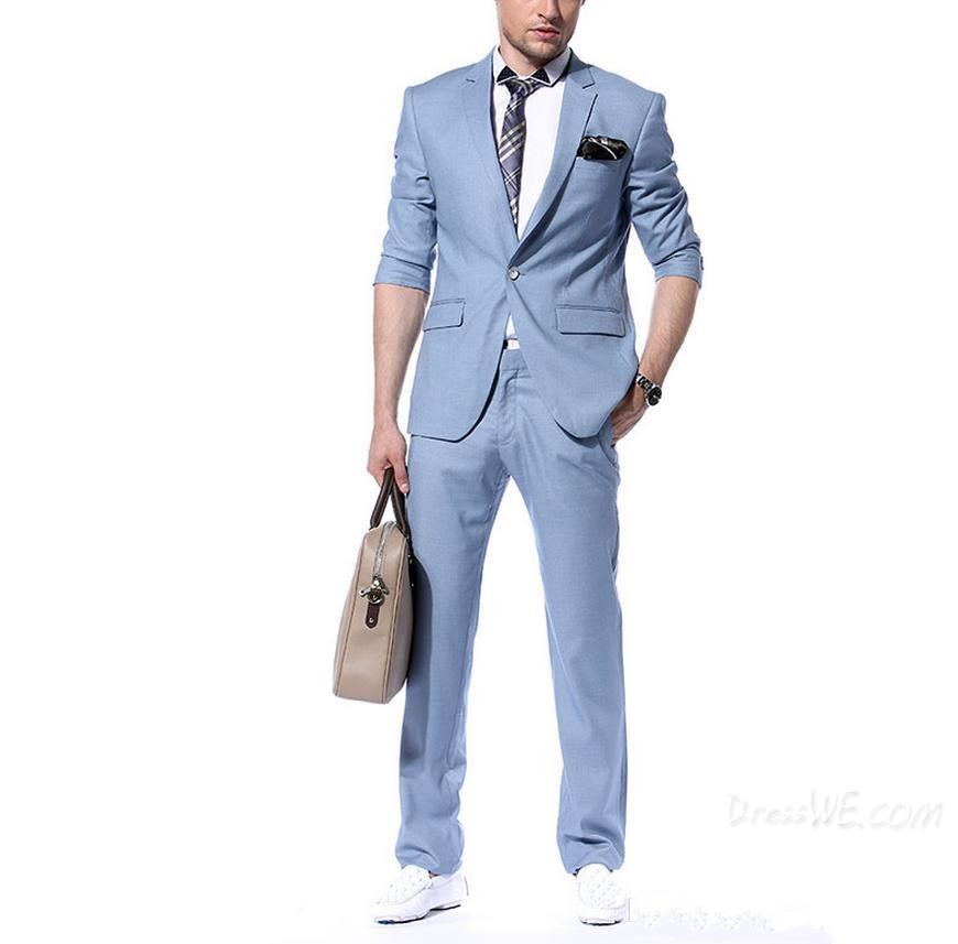 Handsome Sky Blue Side Vent Groom Tuxedos Men Wedding Tuxedos Notched Lapel One Button Men Dinner Prom Business Blazer(Jacket+Pants+Tie)1665