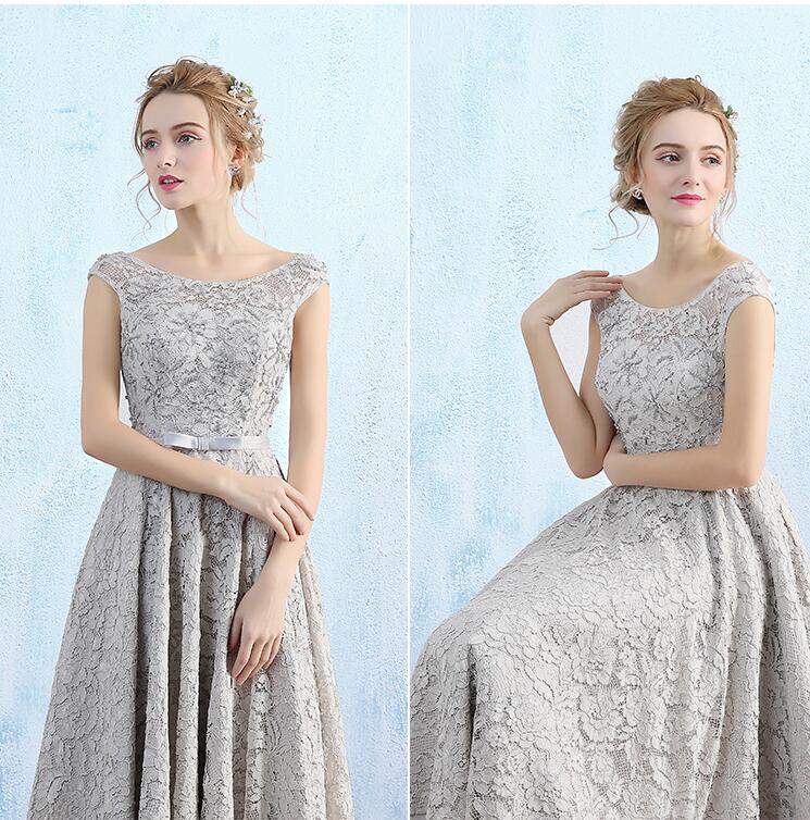 Fancy Light gray Lace Mother of the Bride Dresses Tea Length Scoop Lace-up Back Floral Lace with Beading Wedding Party Dresses Evening Gowns