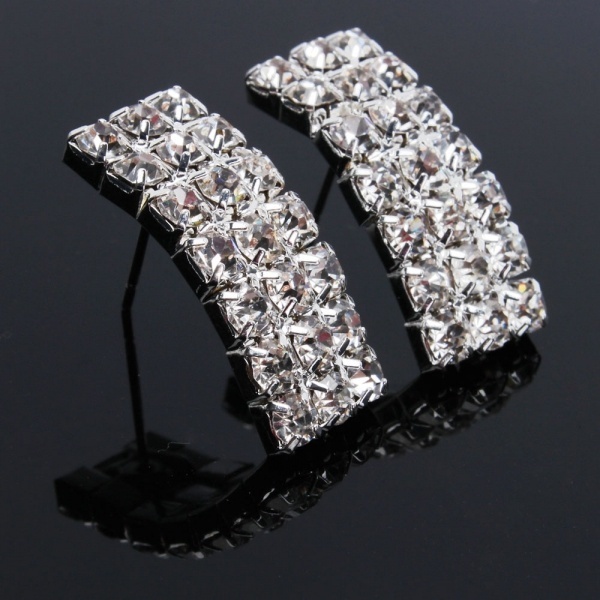 Women Fashion Jewelry Three Triple Rows Rhinestone Bling Bling Silver Necklace Choker Earring Set for Wedding Bridals