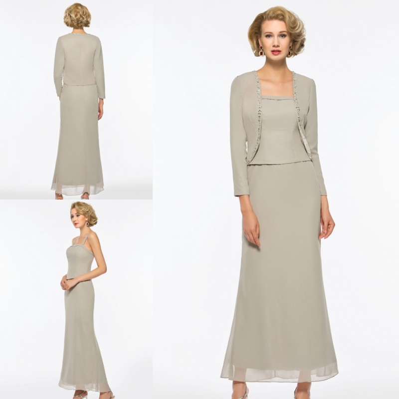 Three Pieces Plus Size Mother Of The Bride Dresses With Jacket Long Sleeve Tea Length Mother Of The Groom Dress Formal Evening Gown