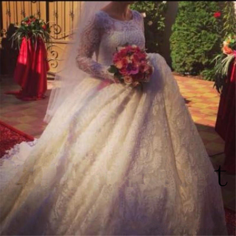 Sleeve Modest Long Saudi Arabic Wedding Dresses Open Back Jewel Neck Lace Appliqued Cathedral Train Country Bridal Gowns 0914