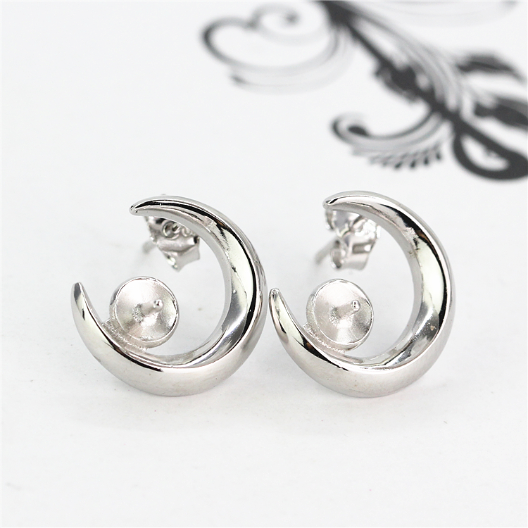 925 Sterling Silver Semi Mount Stud Earrings Plated White Gold for 8-9mm Pearl or Round Bead Fine Jewelry Setting DIY Stone