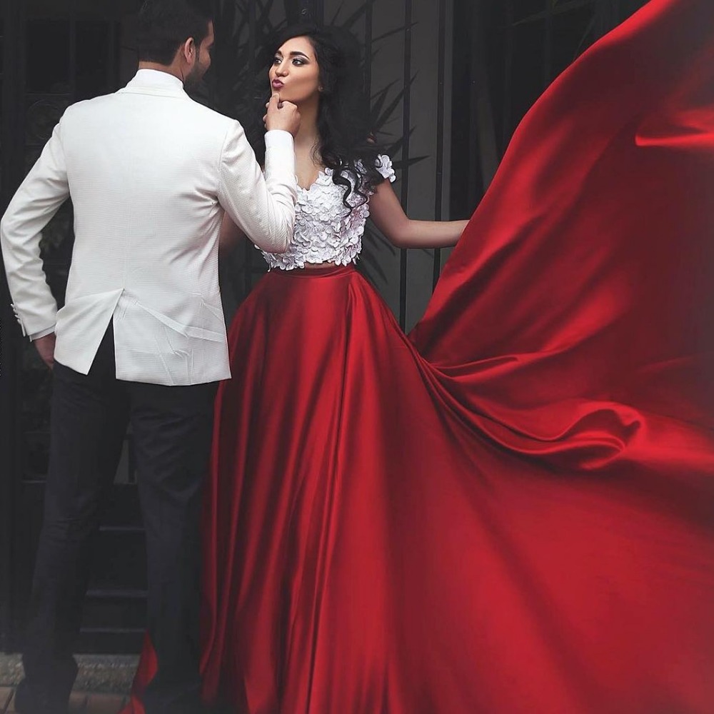 Fashion 2 Piece White Red Prom Dresses Arabic Dubai 3D-Floral Flower Satin Evening Party Dress Off Shoulder Abayas Robe De Soiree 0510