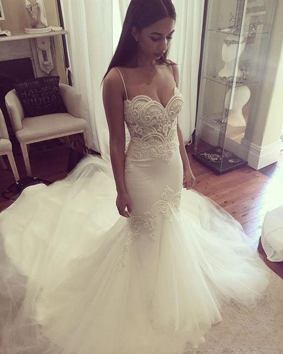 2020 Cheap Sexy Plus Size Mermaid Wedding Dresses Spaghetti Straps Lace Appliques Pearls Illusion Tulle Long Court Train Formal Bridal Gowns