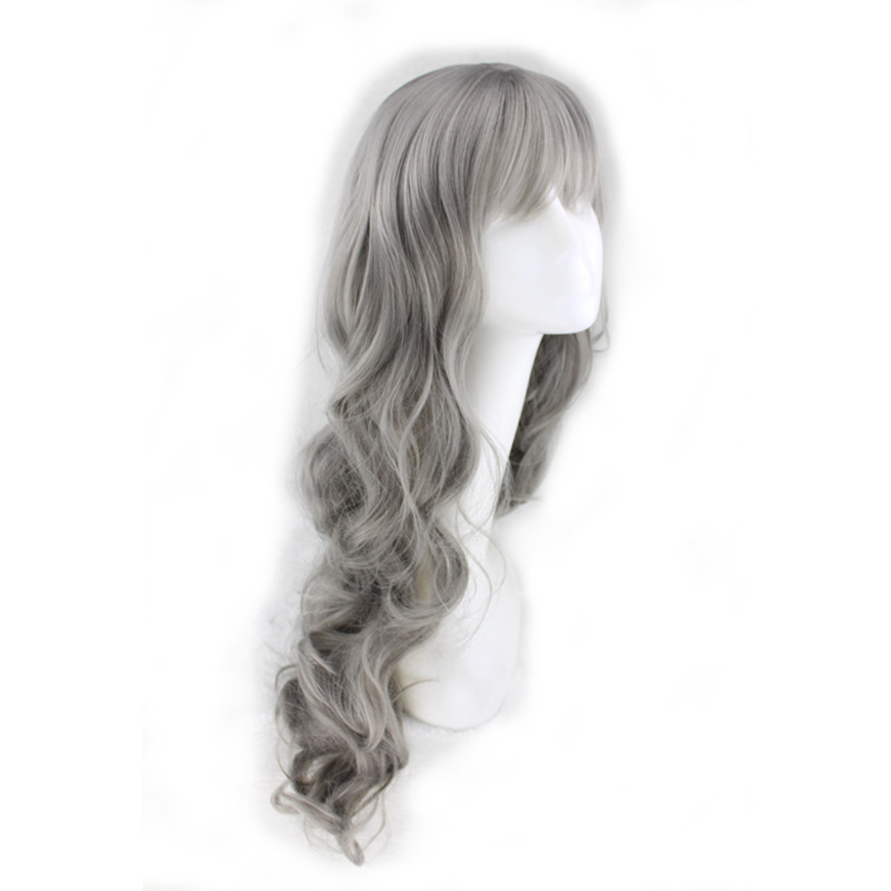 grey wig with neat bangs long curly synthetic natural wavy wigs grandmother gray hair women