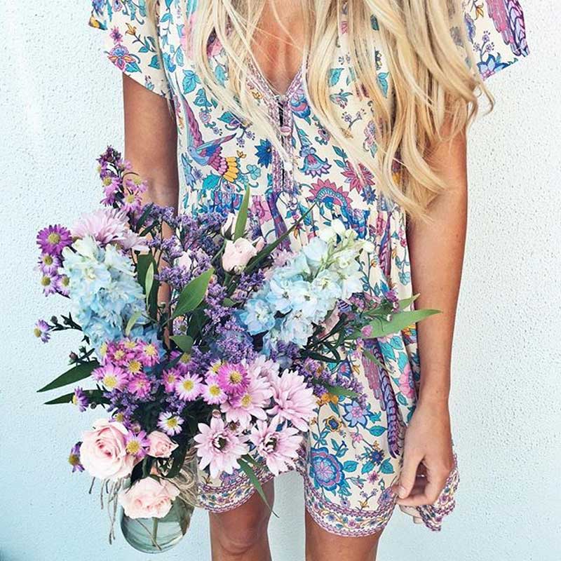 Wholesale- Boho Inspired 2017 summer dresses floral lovebird print V-neck mini casual dress women Bohemian hippie chic vestidos clothing