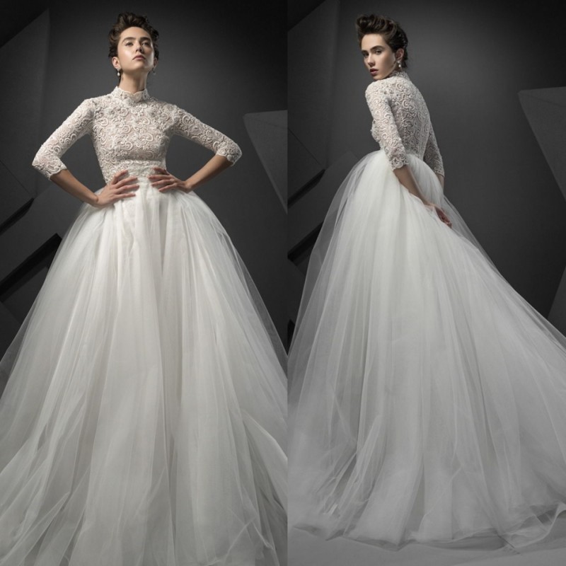 Ersa Atelier High Neck 3/4 Long Sleeve Wedding Dresses Lace Applique Modest Vintage Wedding Gown Sweep Train Plus Size Bridal Dress