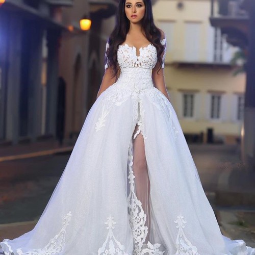 Arabic White Elegant Off The Shoulder Wedding Dresses with Overskirt Long Sleeve Lace Bridal Wedding Ball Gowns with Detachable Train
Arabic White Elegant Off The Shoulder Wedding Dresses with Overskirt Long Sleeve Lace Bridal Wedding Ball Gowns with Detachable Train