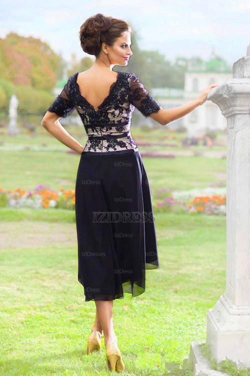 2017 New Elegant Navy Blue Mother of the Bride Dresses with Half Sleeves V Neck Lace Evening Dresses Tea Length Formal Wear BA1735