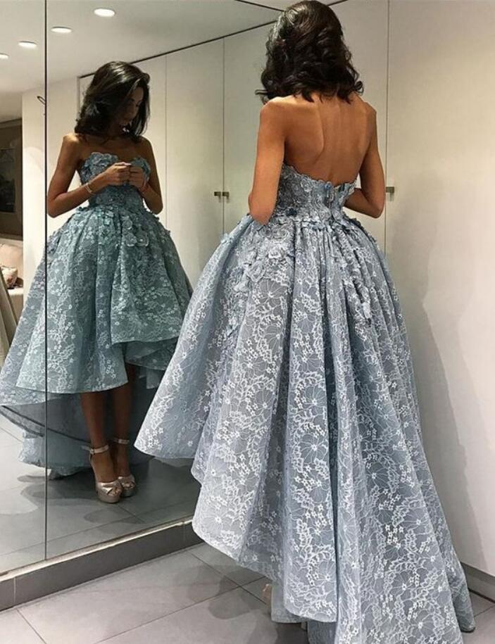 Delicate Applique High-Low Puffy Prom Dresses Short Front Long Back Ball Gown Evening Dresses Formal Party Gowns PD2302