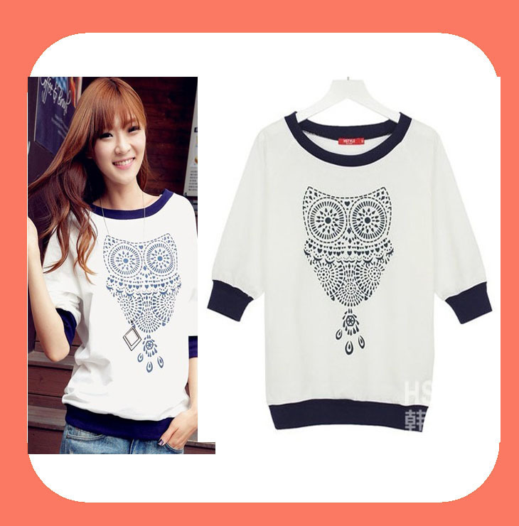 2014 New T Shirt For Women Fashion Cotton Tops Owl Printed Half-Sleeve Blouse Casual Shirt S/M/L/XL DF-095