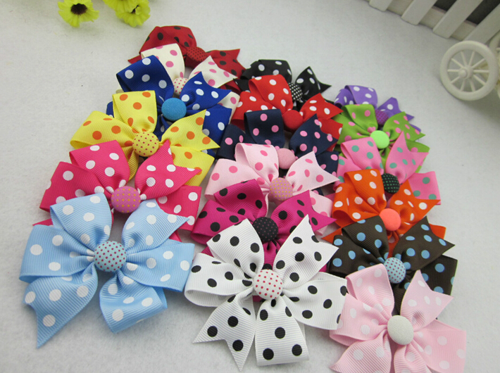 20pcs/polka dot ribbon bows WITHOUT CLIP with button Baby Boutique hair bows Hairclips Girls' hair accessories hair pins