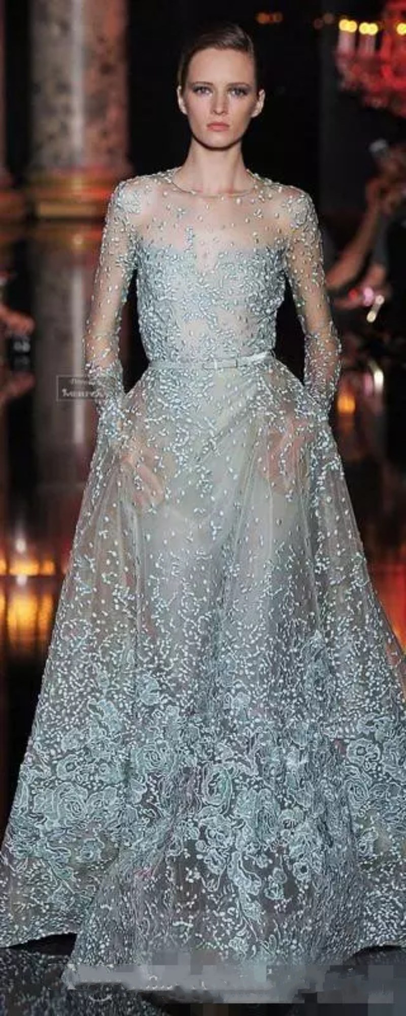Illusion Elie Saab Prom Dresses Free Shipping Red Carpet Formal Dresses Modest Sky Blue Lace Applique Pearls Sexy Long Sleeve Evening Gowns