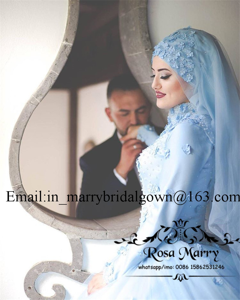 Light Blue Islamic Hijab 3D Floral Wedding Dresses 2020 Ball Gown High Neck Long Sleeves Beaded Plus Size Country Kaftan Abayas Bridal Gowns