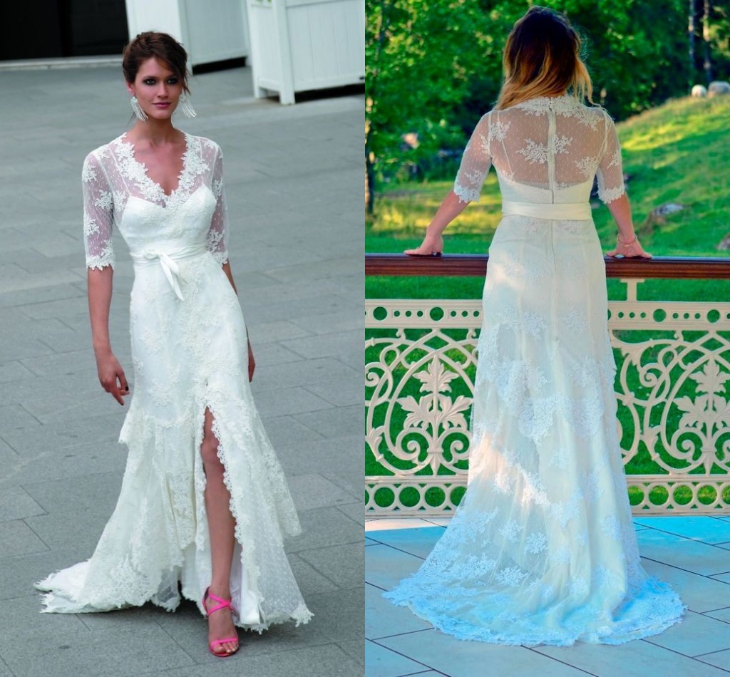 Thigh-High Slits Lace Wedding Dresses wit Half sleeve A-line V Neck Back Zipper Polka Dot Applique lace Beach Elegant Bridal Gowns 2016, Ivory
Thigh-High Slits Lace Wedding Dresses wit Half sleeve A-line V Neck Back Zipper Polka Dot Applique lace Beach Elegant Bridal Gowns 2016, Ivory
