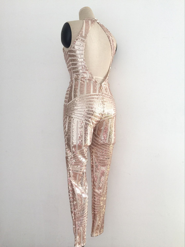 Women's Jumpsuits & Rompers Wholesale- Fashion Sheer Sexy O Neck Backless Sleevess Clubbing Gold Geometric Sequin Plus Size Ladies Playsuit