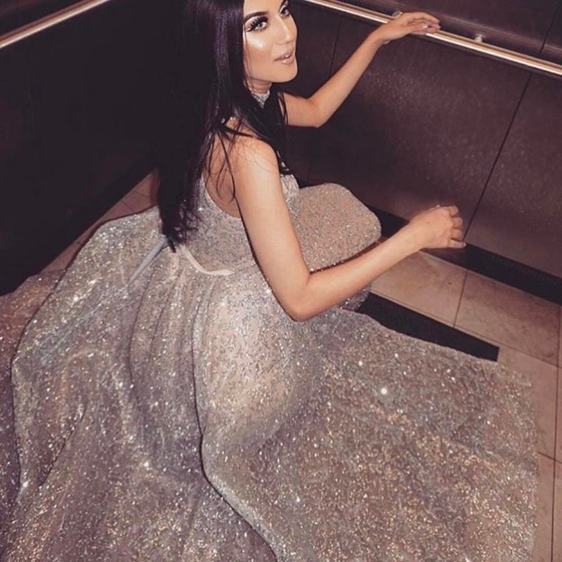 Luxury Shiny Prom Dresses With Detachable Train Evening Dresses High Neck Sleeveless Backless Formal Dresses Custom Made Party Dress