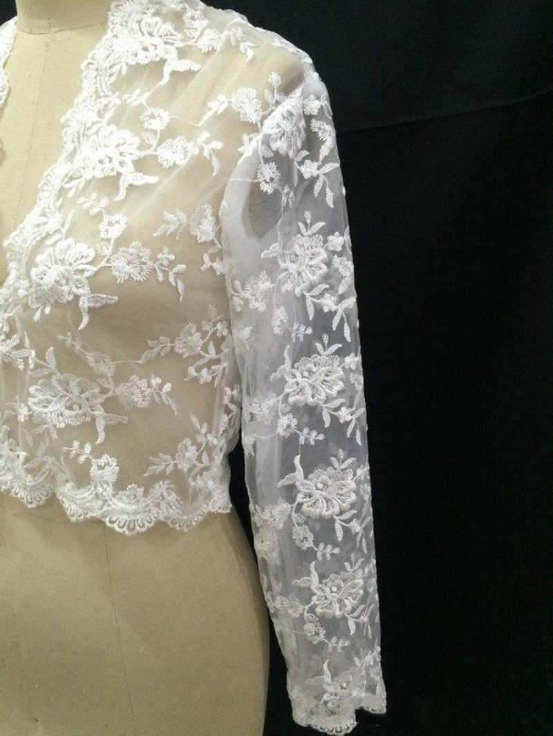 Cheap Bridal Wraps Modest Alencon Applique V Neck Wedding Bridal Bolero For Wedding Dresses Long Sleeve Lace Applique Jacket