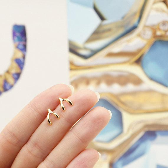 10Pair- S009 Gold Silver Cute Wishbone Stud Earring Lucky bone Stud Earring Tiny Wish Bone Stud Earrings for Women Girls Jewelry