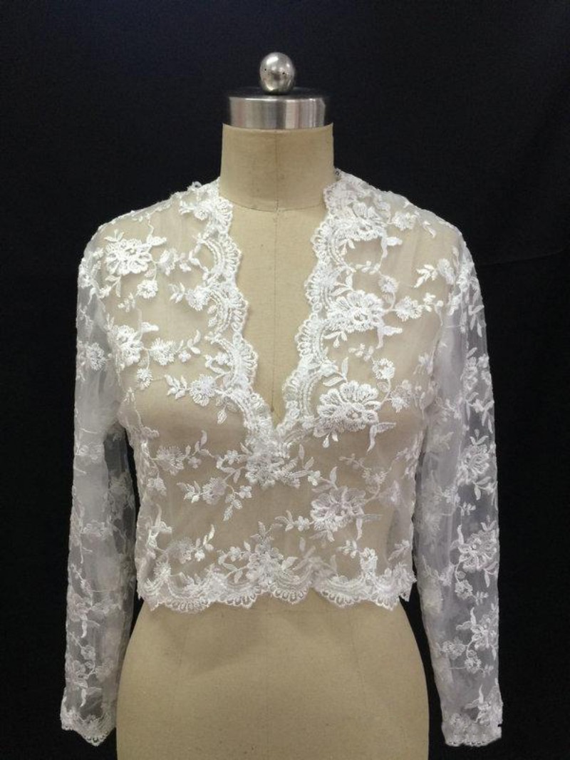 Cheap Bridal Wraps Modest Alencon Applique V Neck Wedding Bridal Bolero For Wedding Dresses Long Sleeve Lace Applique Jacket