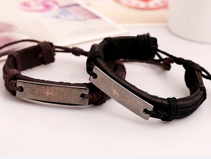 Handmade Leather Braid bracelets With Titanium Steel Bible Cross Wristband Hemp Men's Bracelets women Stylish New Arrival brown black 24pcs