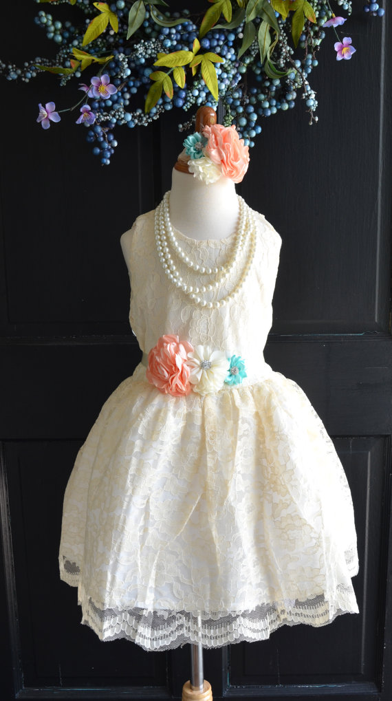 Clothes Roupas Infantis Menino Baby Clothes Coral Mint Ivory Lace Flower Girl Dress Headband Set, Wedding Dress, Wedding, Vintage Style