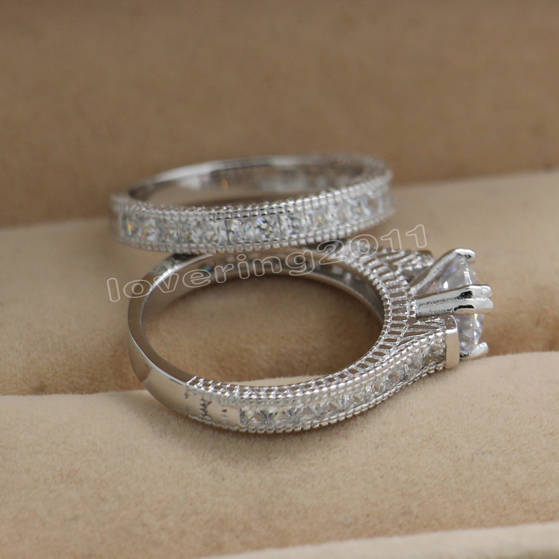 Size 5/6/7/8/9/10 Antique Fashion jewelry round Cut Topaz 14KT White Gold Filled GF Simulated Diamond CZ Women Wedding Bridal Ring Set gift