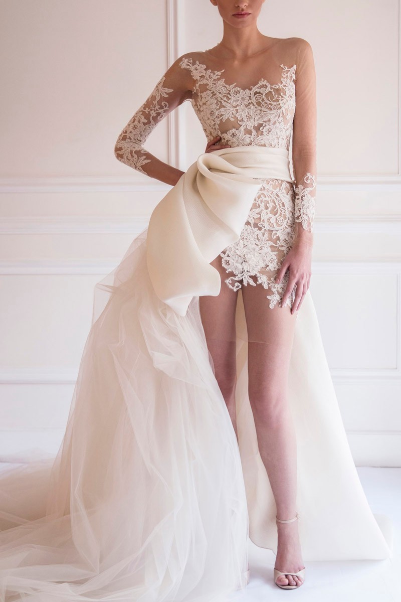 Delicate Short Lace With Detachable Skirt Appliqued Beach Wedding Gowns Long Sleeve Bridal Dresses Illusion Tulle Customize 0510