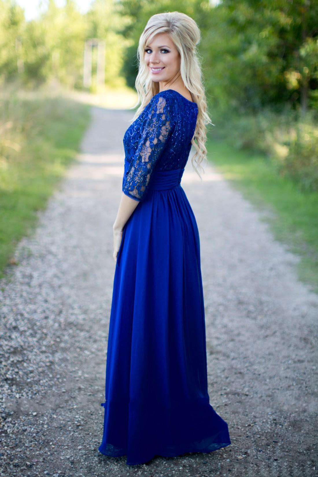 Latest 2018 Royal Blue Sequin Lace Country Bridesmaid Dresses Long Lace 3/4 Long Sleeve Chiffon Floor Length Maid Of Honor Dress EN12059