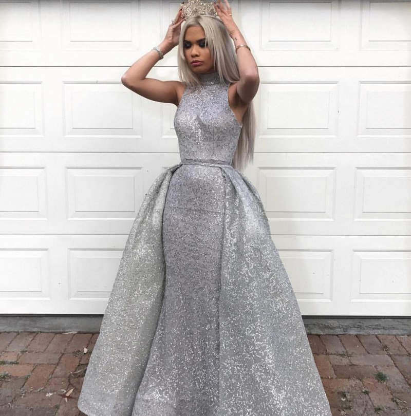 Luxury Shiny Prom Dresses With Detachable Train Evening Dresses High Neck Sleeveless Backless Formal Dresses Custom Made Party Dress