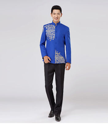 Wholesale-New Fashion Chinese Style Wedding Dress Black/Blue/Red Embroidery Male Tunic Suit Groom Wedding Suits Terno Masculino