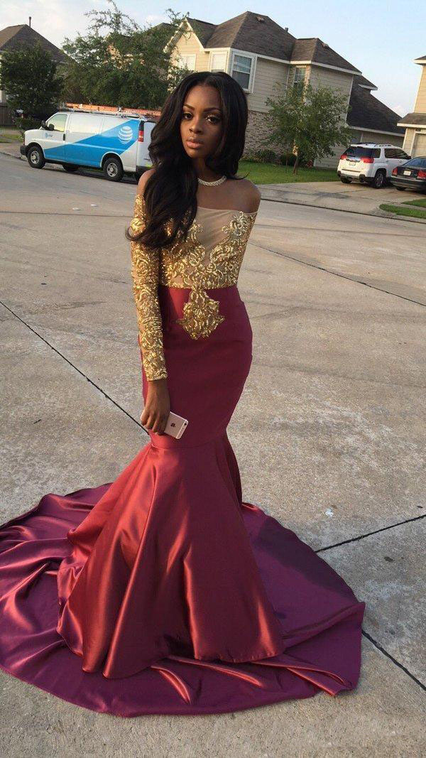 Charming African Style Off Shoulder Prom Dresses Gold And Burgundy Evening Gowns For Black Girls Long Sleeve Sweep Train Formal Dresses