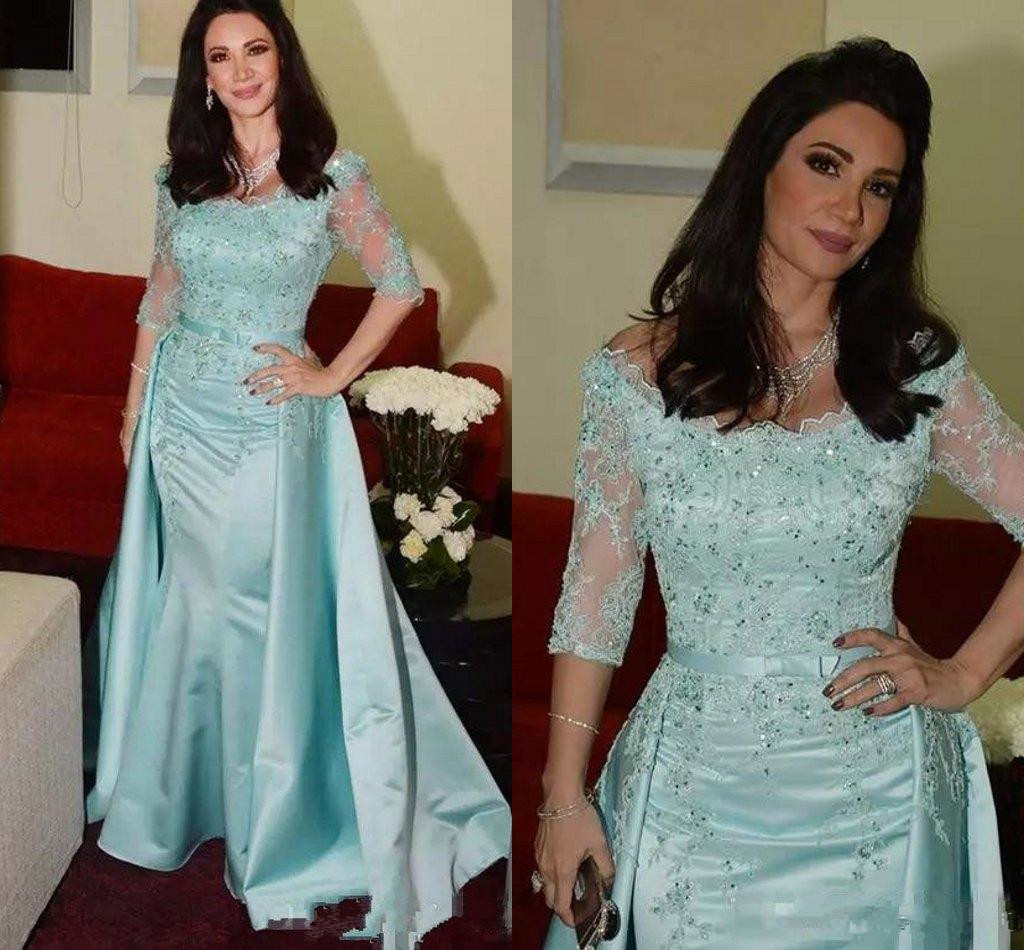Dresses Off Bride Mint Green Bateau Neck Lace Applique Beads Half Sleeves Satin Overskirts Mermaid Plus Size Mother Wedding Guest Dress Lz0304