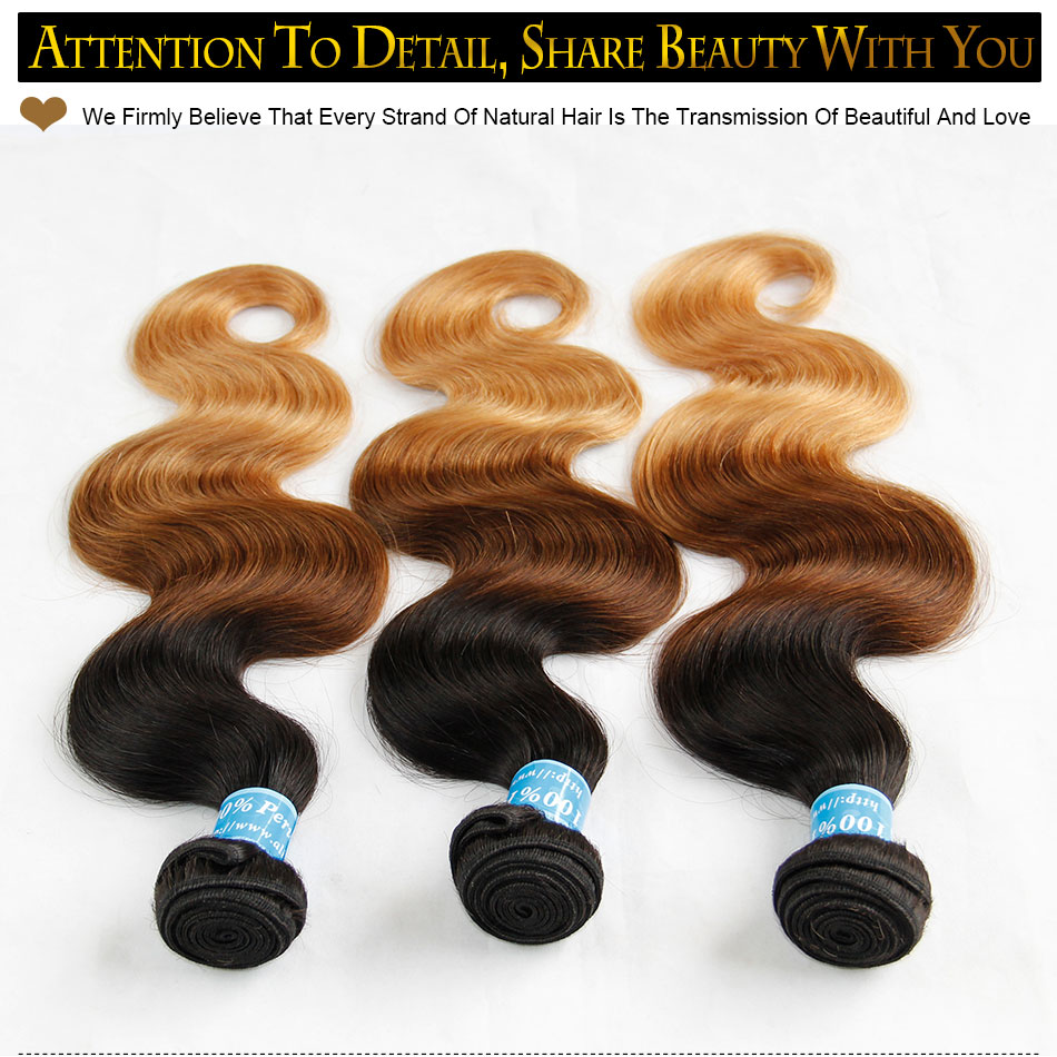 Ombre Peruvian Virgin Human Hair Extensions Body Wave Three Tone 1B/4/27# Black Brown Blonde Ombre Peruvian Human Hair Weave Bundles