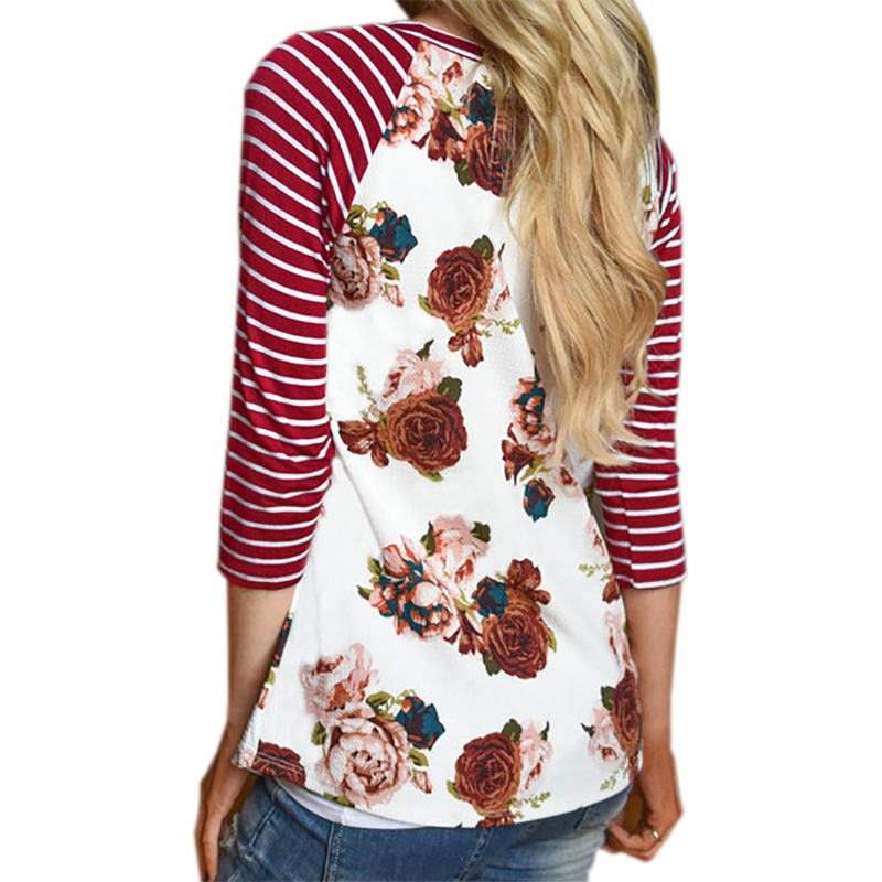 Female Autumn Striped Floral Printed T Shirts 2017 Women Casual Slim Fit T Shirt Femme Plus Size Tops T Shirt Flower Tee GV848 q171122