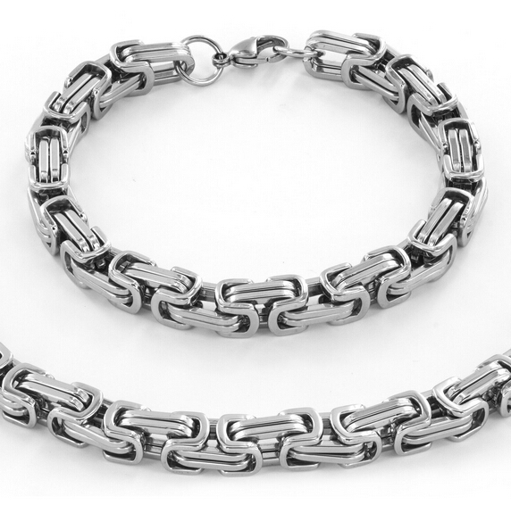 Jewlery Set 8.5mm wide Square byzantine chain necklace & bracelet 316L Stainless Steel for Husband / Father jewelry set