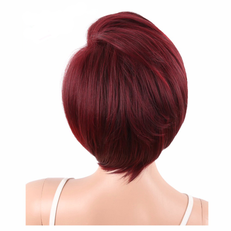 Wine Red Short Pixie Cut Synthetic Wigs For Black Women With Side Bangs Natural Straight Heat Resistant Party Full Wig