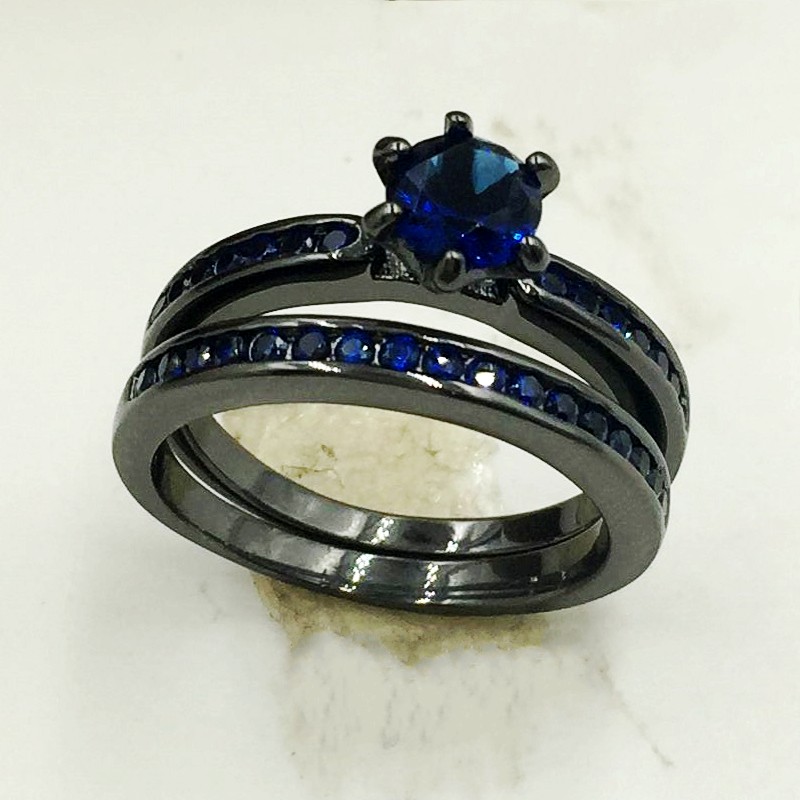 10K Black Gold Filled Blue Sapphire Gemstone Wedding Ring Set in Retro Sizes 5-10 - Gift Box Included