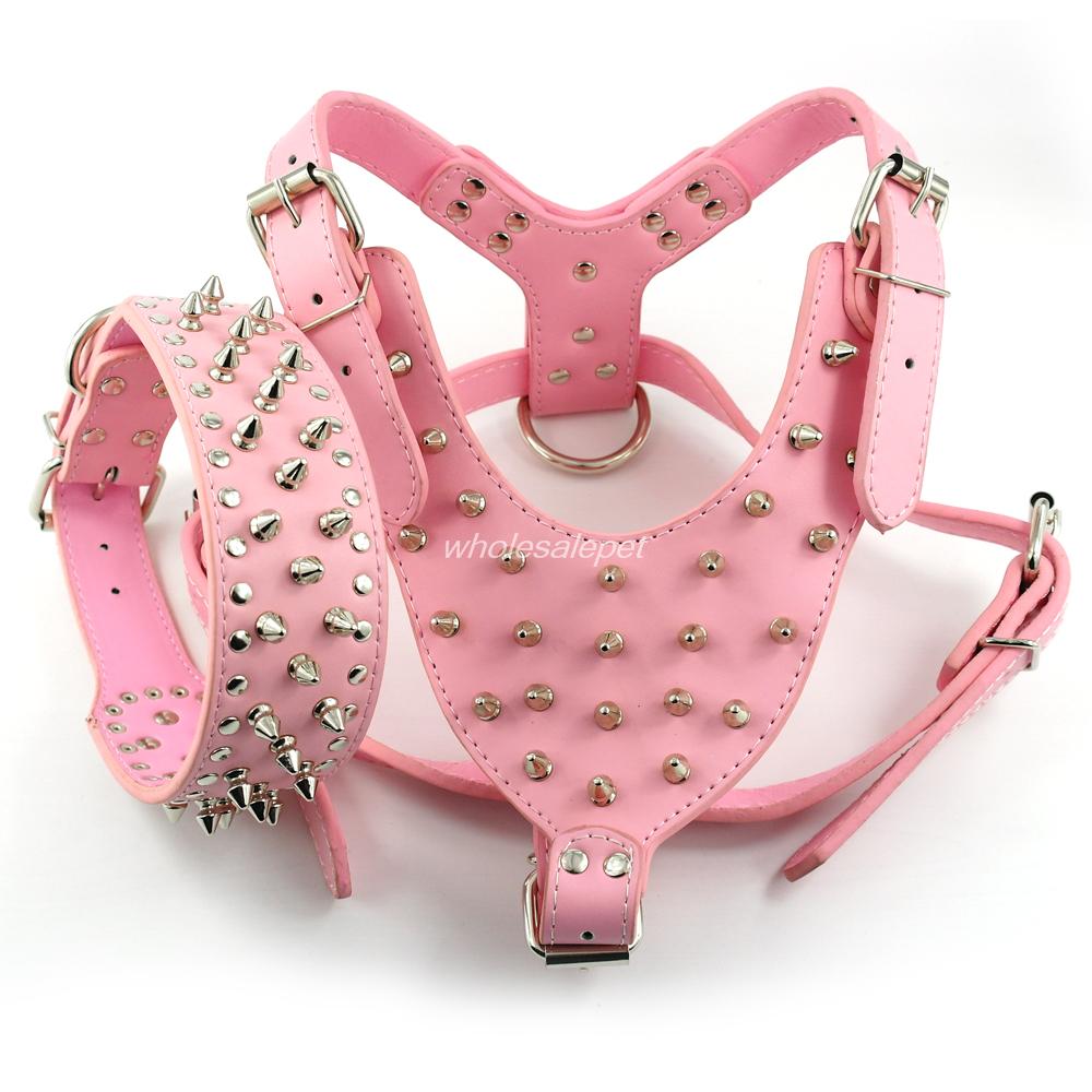 Wholesale-Brown Large Spiked&Studded Leather Dog Harness&Collar SET for Pit Bull Mastiff